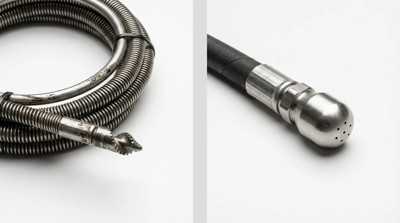Drain snake cable and hydro jetting nozzle used for drain cleaning in Edgerton, OH
