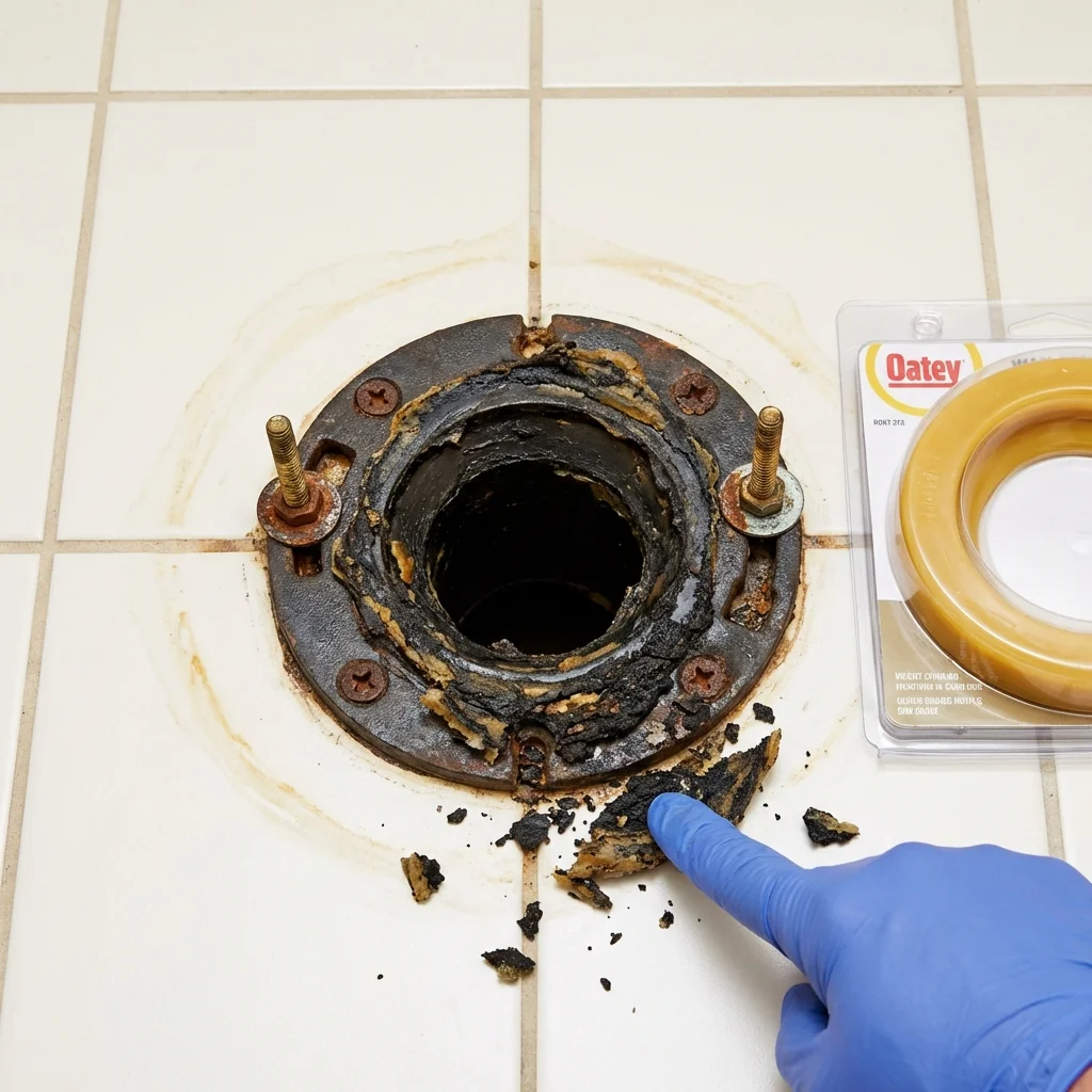 Failed wax ring showing water seepage at the base of a toilet in a Edgerton, OH home