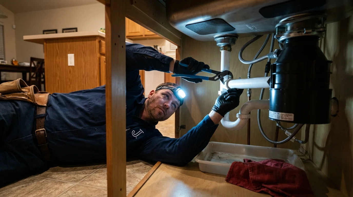 P-trap and supply line connections under a kitchen sink showing a common leak point in Edgerton, OH